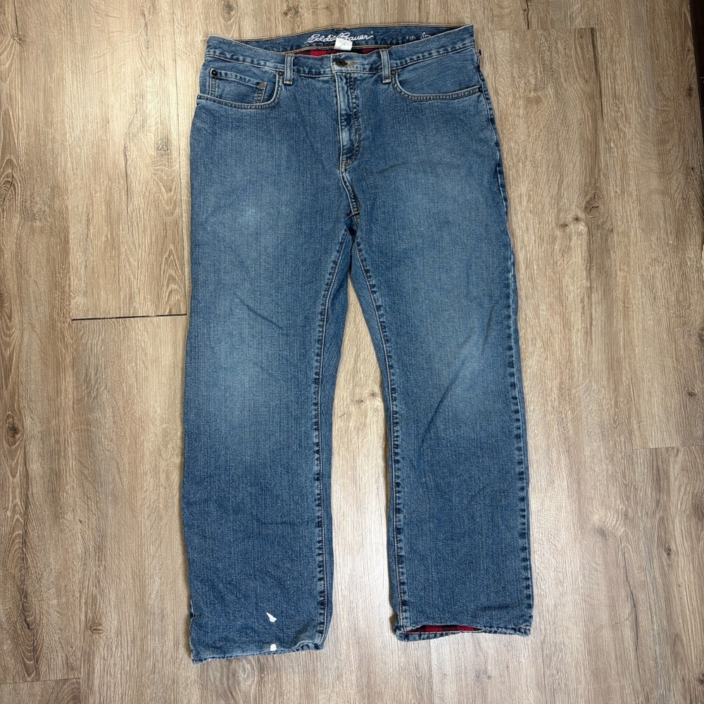 Eddie Bauer Mens Plaid Lined Jeans 35x30 Jeans 100% Cotton Denim